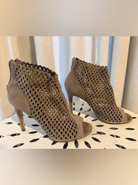 Gray Laser-Cut Peep-Toe Stiletto Booties